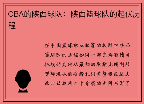 CBA的陕西球队：陕西篮球队的起伏历程