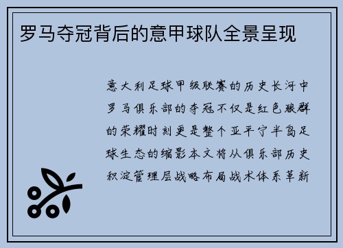 罗马夺冠背后的意甲球队全景呈现
